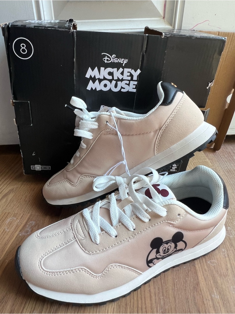 Disney Women's Sneakers in Pale Pink and White with Black Heel